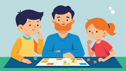 A father and his two children strategizing their next move in a game of Monopoly.. Vector illustration