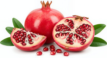 Juicy Red Pomegranate Fruit Slices with Green Leaves Isolated on White Background