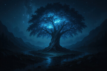 Mystical Tree in Starry Mountain Landscape, serene Digital Illustration