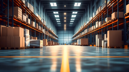 Fototapeta premium Warehouse industry blur background with logistic wholesale storehouse, blurry industrial silo interior aisle for furniture merchandise inventory and wood material, construction supplies big box store