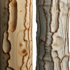Wood textures in light and dark variations, with and without bark, comparison