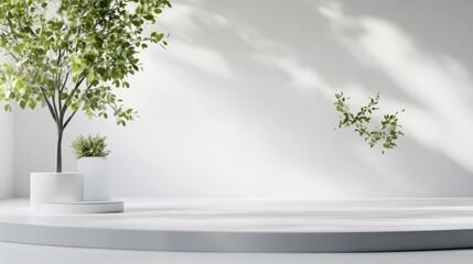 Obraz premium Circular Platform Minimalist Plants Soft Lighting High Resolution, Wide Angle View, Clean Lines Display, White Studio Backdrop, Bright Serene Mood, Ideal Product Showcase