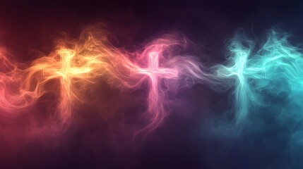 Create glitch wave lines forming cross silhouettes in neon pink orange and aqua symbolizing a contemporary Easter 2025 conceptual aesthetic 