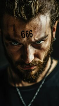 A man with the mark of the beast on his forehead. 666 the number of the beast. Biblical prophecy where no man or woman can buy or sell if they don't have the mark of the beast embedded in the forehead
