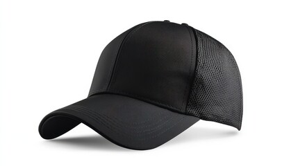 Trucker cap, snapback, all black, black mesh. Isolated on white. Mock-up for branding.