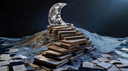 Books stairway to moon night sky inspiring image