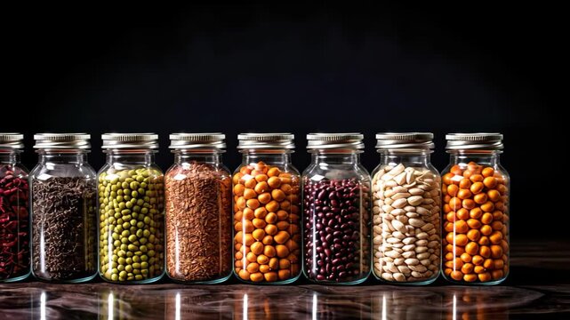 Organize your pantry with a tidy row of glass jars filled with assorted legumes and spices. Ai Generated