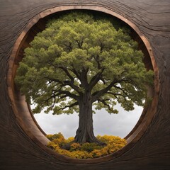 Serene tree framed in a circular window against a cloudy sky  