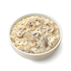 Mushroom risotto, isolated white background, photorealism art style
