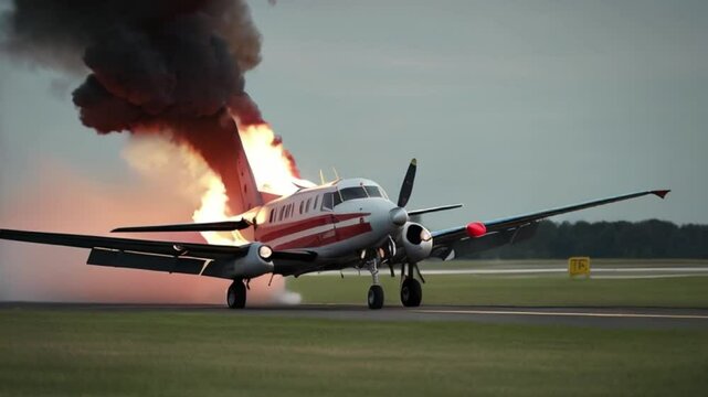 Aircraft makes an emergency landing due to engine failure and onboard fire , fire in the engine of a aircraft while plane landing Urgent rescue operation created with generative ai	
