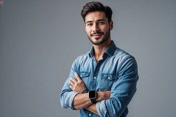 Trendy Young Entrepreneur in Casual Denim Shirt with Smartwatch on Minimalist Gray Background