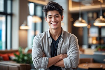 Fototapeta premium Confident Young Man Standing in Relaxed Style with a Broad Smile in an Engaging Backdrop