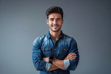 Fototapeta premium Charismatic Young Businessman in Chic Denim Shirt with Smartwatch Against Subtle Gray Backdrop