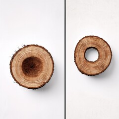 A wooden section of a tree is whole and a wooden section of a tree is deformed with a depression in the center, on a white background.