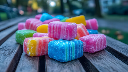 Delicious colorful candy cubes on a rustic wooden bench, outdoors. Sweet treat, sugary confectionery.