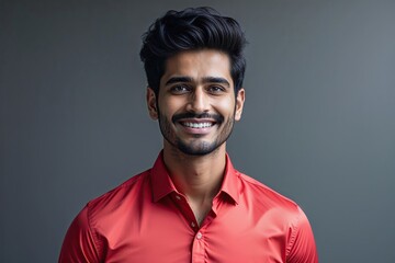 Obraz premium Radiant Young Indian Man in Stylish Red Shirt Exuding Positivity Against Smooth Grey Backdrop