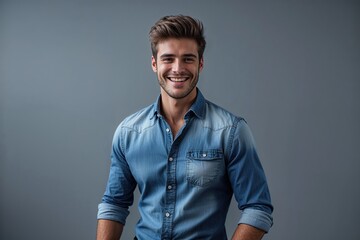Obraz premium Young Businessman in Casual Denim Shirt Smiling in Contemporary Gray Studio Setting