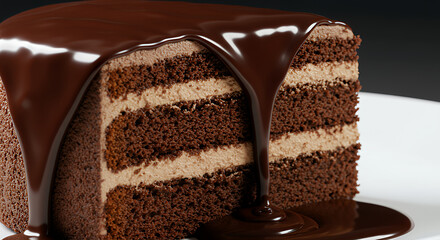Obraz premium Delicious Chocolate Fudge Cake Slice Rich Ganache Drizzle Close up Photography