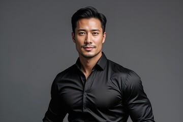Obraz premium Stylish Corporate Portrait of a Confident Male Executive in Black Button-Up on Gray Backdrop