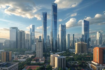 Fototapeta premium Integrating Urban Skylines and Fiat Currency for Global Financial Analysis and Investment Insights