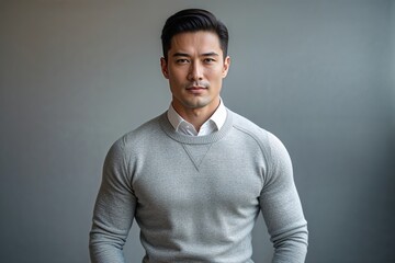 Obraz premium Chic Portrait of a Confident Businessman in a Light Grey Sweater Against a Subtle Backdrop