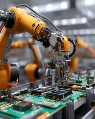 Automated circuit board assembly using a precision robotic arm in a factory, promoting efficiency and technological advancement.