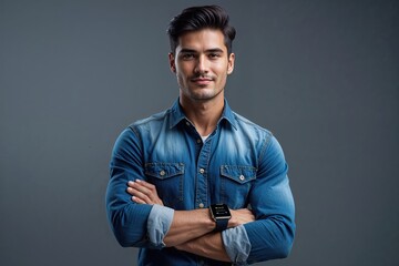 Stylish Young Professional in Denim Shirt and Smartwatch on Gray Background