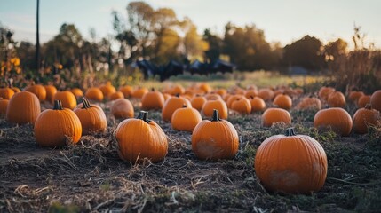 A pumpkin patch at fall harvest time.