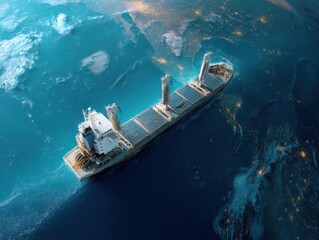 Cargo ship sailing on the ocean. Large vessel navigating through the sea, transporting goods across the water, with aerial view of horizon.