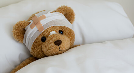 Injured Teddy Bear in Bed Resting with Bandages Adorable Stuffed Animal