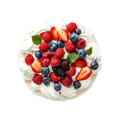 Pavlova with fresh berries and cream, isolated white background, realistic art style