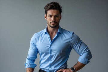 Obraz premium Confident Businessman in Sky Blue Shirt Posing Against Soft Gray Background