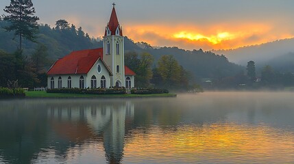 Obraz premium A tranquil lakeside sunrise church service with worshippers gathering in soft silhouettes for Easter 2025 capturing spiritual calm 