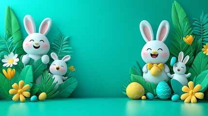 Obraz premium Frame sweet bunny and chick illustrations around bright spring flowers for a cheerful Easter 2025 card leaving a central greeting area 