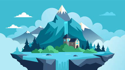 A quiet mountain top retreat with towering peaks and a peaceful waterfall to help you relax and recharge.. Vector illustration