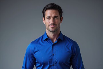 Obraz premium Elegant Male Portrait in Royal Blue Shirt Set Against Serene Gray Background