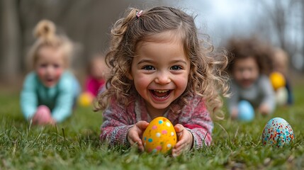 Freeze a joyful egg-and-spoon race with children laughing in a green field for 2025 Easter celebration midday capturing active fun 