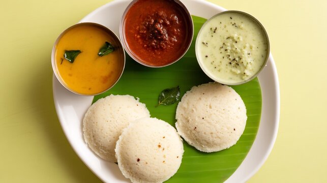 Indian idli vada with sambar and three chutneys on banana leaf style white plate traditional South Indian breakfast top down view clean bright background