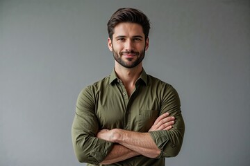 Obraz premium Corporate Male Model in Olive Green Shirt with Arms Crossed Against Gray Background
