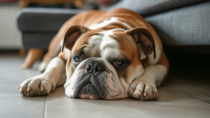 Fototapeta premium A relaxed bulldog sprawls out on the floor, embodying the essence of boredom in a cozy setting.
