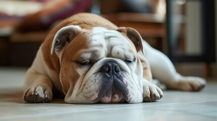 A closeup portrait of a sleepy bulldog, resting its head on the floor with a bored expression, showcasing its unique features.