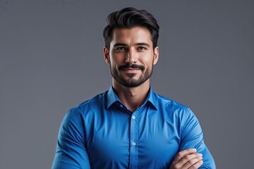 Fototapeta premium Confident Modern Businessman in Blue Shirt Portrait on Gray Background