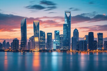 Obraz premium Blended Skyline Image with Finance and Investment Notes for Global Banking Analysis