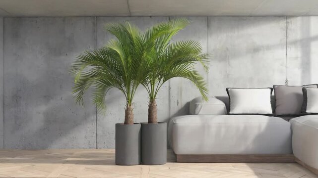 Cozy living room interior with potted palm trees next to a modern white couch against a gray concrete wall with parquet flooring in daylight.