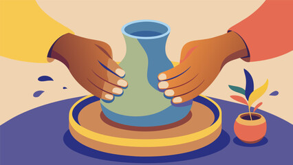 A potters hands gently smoothing out imperfections on a piece of pottery representing selfacceptance and the ability to embrace flaws in oneself.. Vector illustration