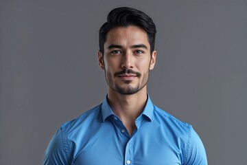 Obraz premium Confident Businessman in Blue Shirt Portrait on Gray Background