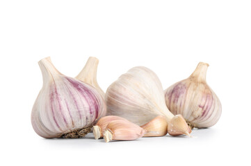 Many fresh garlic and cloves on white background