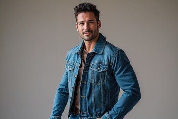 Obraz premium Confident Male Entrepreneur in Trendy Denim Jacket Posing Against Simple Background