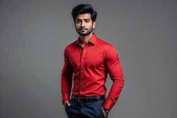 Fototapeta premium Stylish Young Indian Man in Red Shirt Posing Confidently Against Grey Background