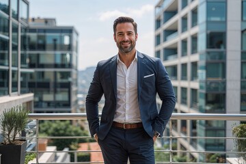 Confident Entrepreneur Dressed in Smart Casual Attire Posing by Office Terrace Rail